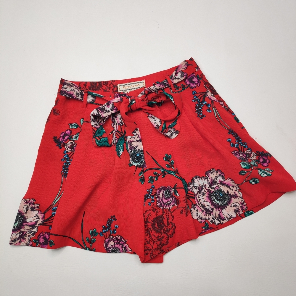 Flying Tomato Red Floral Printed Tie Waist Shorts